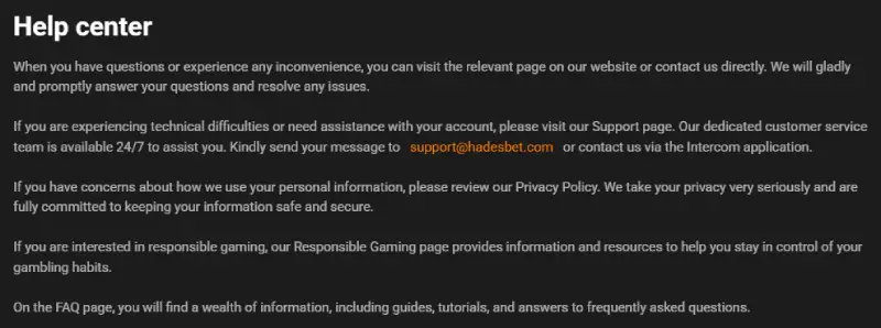 Customer Support at HadesBet